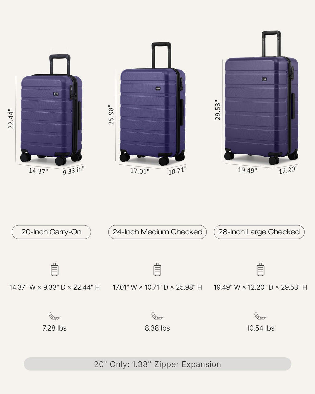 Coolife 3-Piece Hardshell Luggage Set Deep Purple | 20" 24" 28" Spinner Suitcases | TSA Lock & Expandable Carry-On