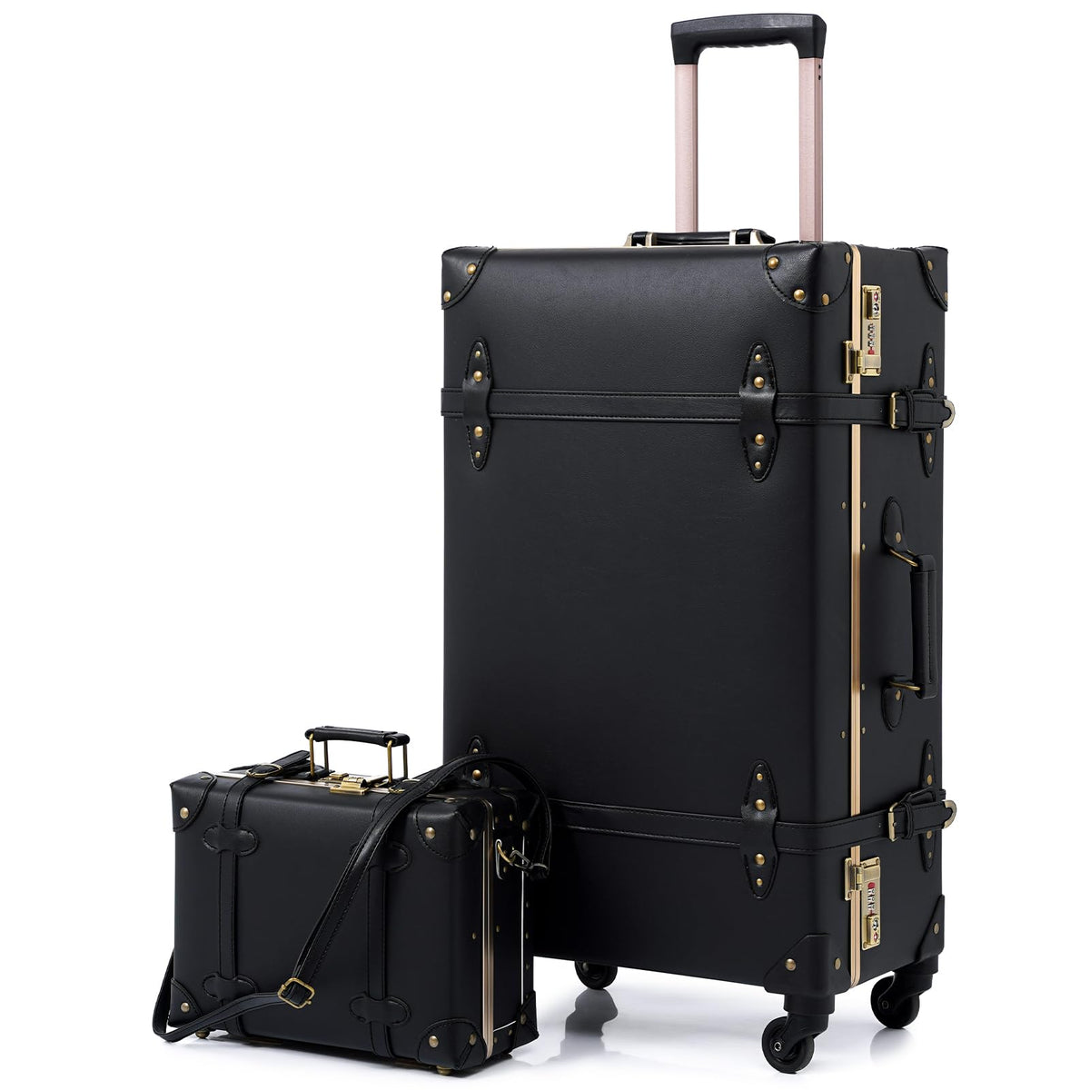 Urecity Vintage Trunk Luggage Set 2-Piece Hard Shell Carry On with Cosmetic Case – Black 20"+12" Spinner Wheels