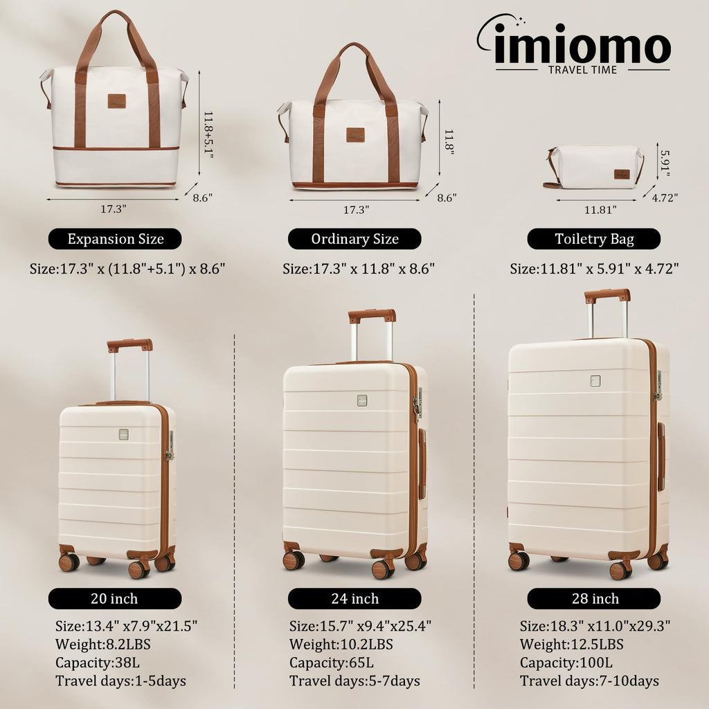 imiomo 5-Piece Hardside Luggage Set with Spinner Wheels, TSA Lock & Travel Bags - Beige Lightweight Suitcase Set
