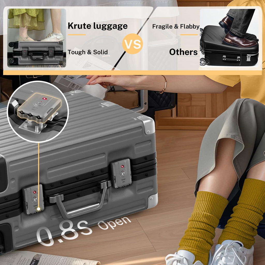 Krute 28" Zipperless Hard Shell Checked Luggage - Gray Aluminum Frame Suitcase with Wheels & TSA Lock