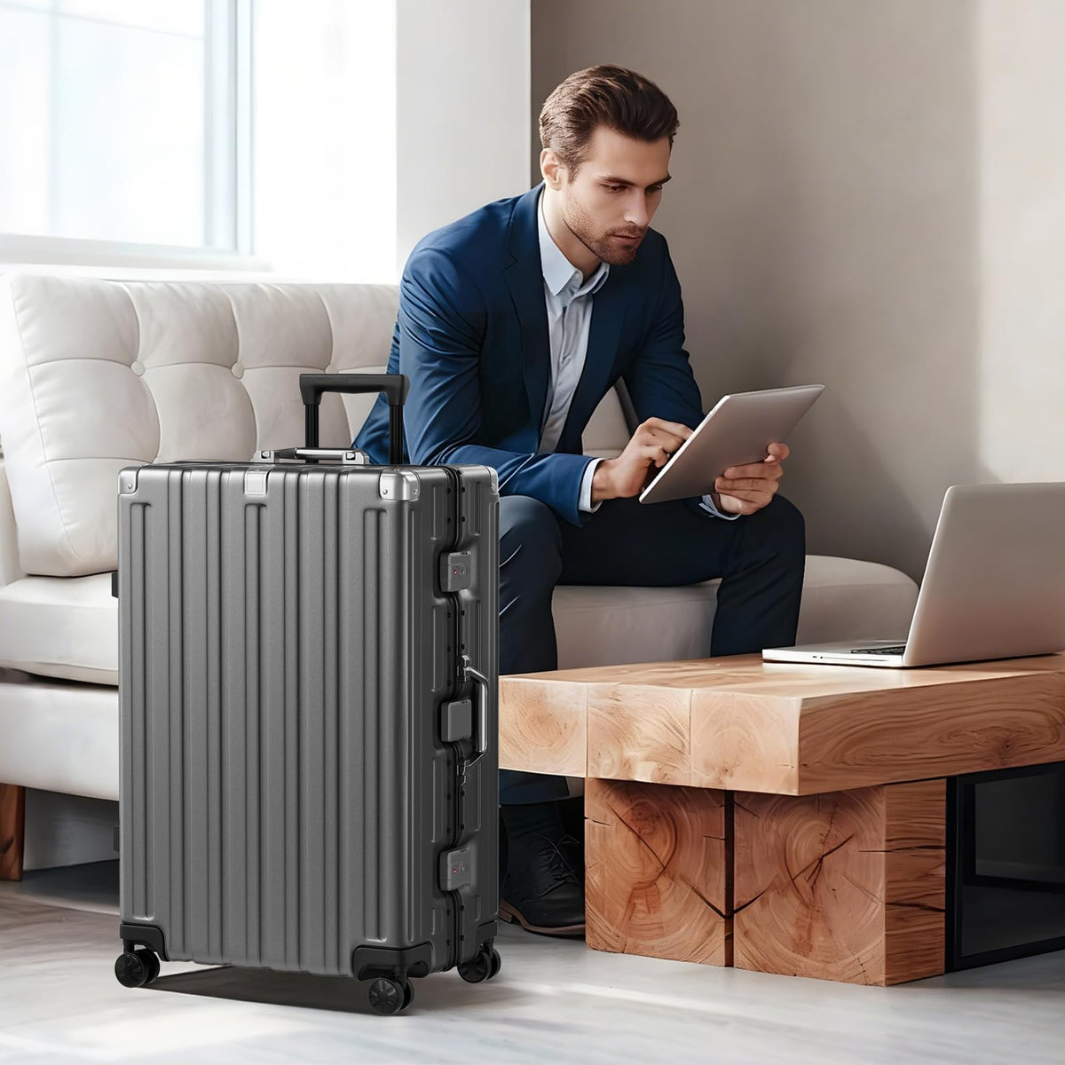 Krute 28" Zipperless Hard Shell Checked Luggage - Gray Aluminum Frame Suitcase with Wheels & TSA Lock