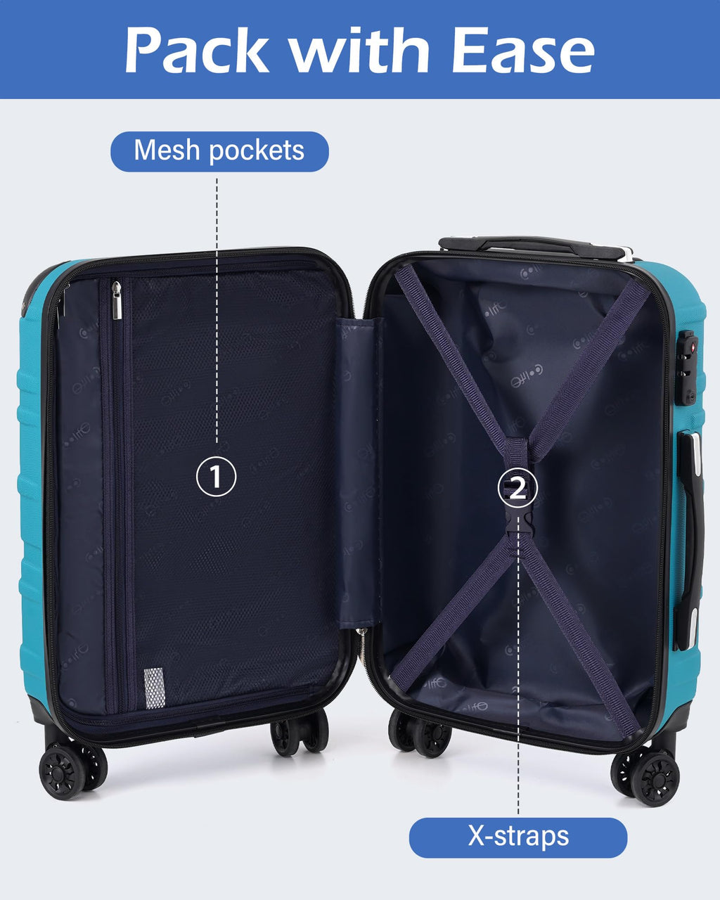 Coolife 3-Piece Hardside ABS Luggage Set TSA Lock Spinner Wheels 22" 26" 30" Expandable Travel Suitcases Lake Blue
