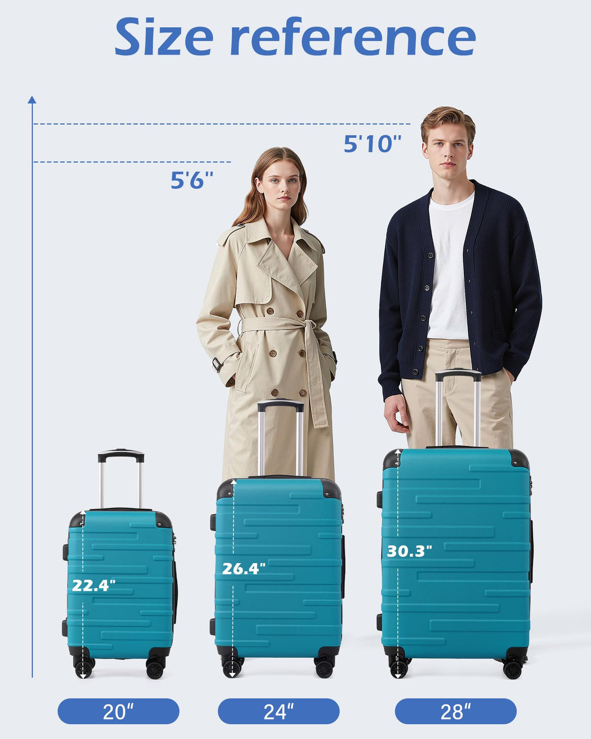 Coolife 3-Piece Hardside ABS Luggage Set TSA Lock Spinner Wheels 22" 26" 30" Expandable Travel Suitcases Lake Blue