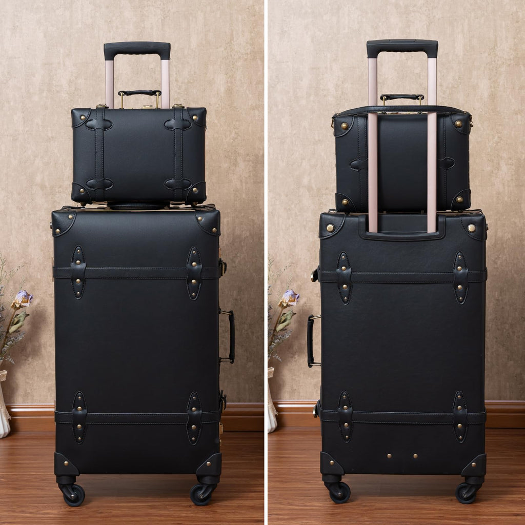 Urecity Vintage Trunk Luggage Set 2-Piece Hard Shell Carry On with Cosmetic Case – Black 20"+12" Spinner Wheels