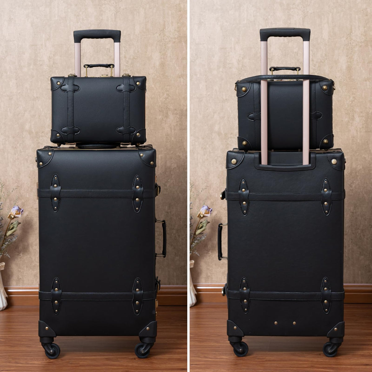 Urecity Vintage Trunk Luggage Set 2-Piece Hard Shell Carry On with Cosmetic Case – Black 20"+12" Spinner Wheels