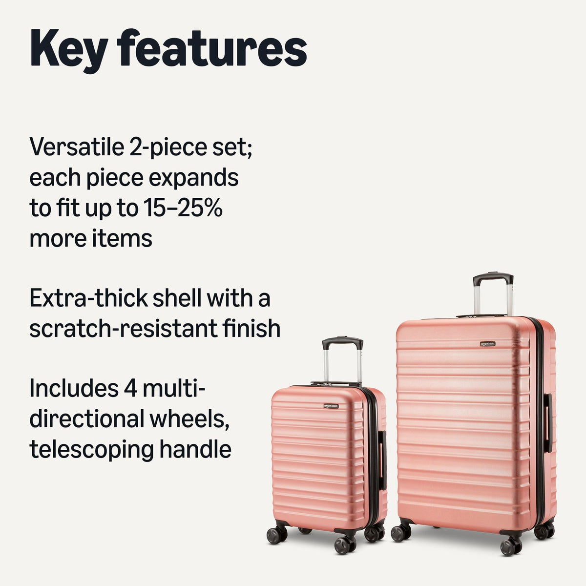 Amazon Basics 2-Piece Hardshell Luggage Set 21" 30" Expandable Travel Suitcases Scratch-Resistant Rose Gold