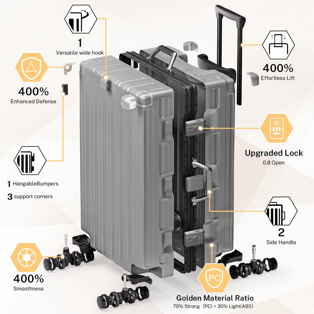 Krute 28" Zipperless Hard Shell Checked Luggage - Gray Aluminum Frame Suitcase with Wheels & TSA Lock