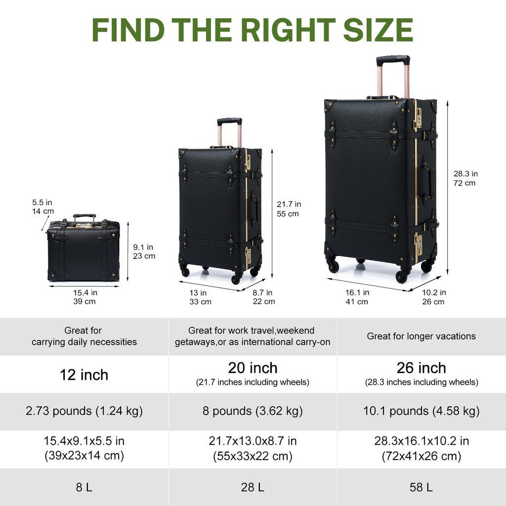 Urecity Vintage Trunk Luggage Set 2-Piece Hard Shell Carry On with Cosmetic Case – Black 20"+12" Spinner Wheels