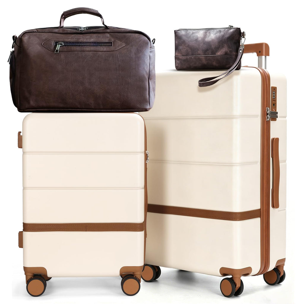 Maungti 4 Piece Luggage Set 20/24" Hard Shell Suitcase with Spinner Wheels, Vintage PU Leather Weekender Duffel Bag & TSA Lock