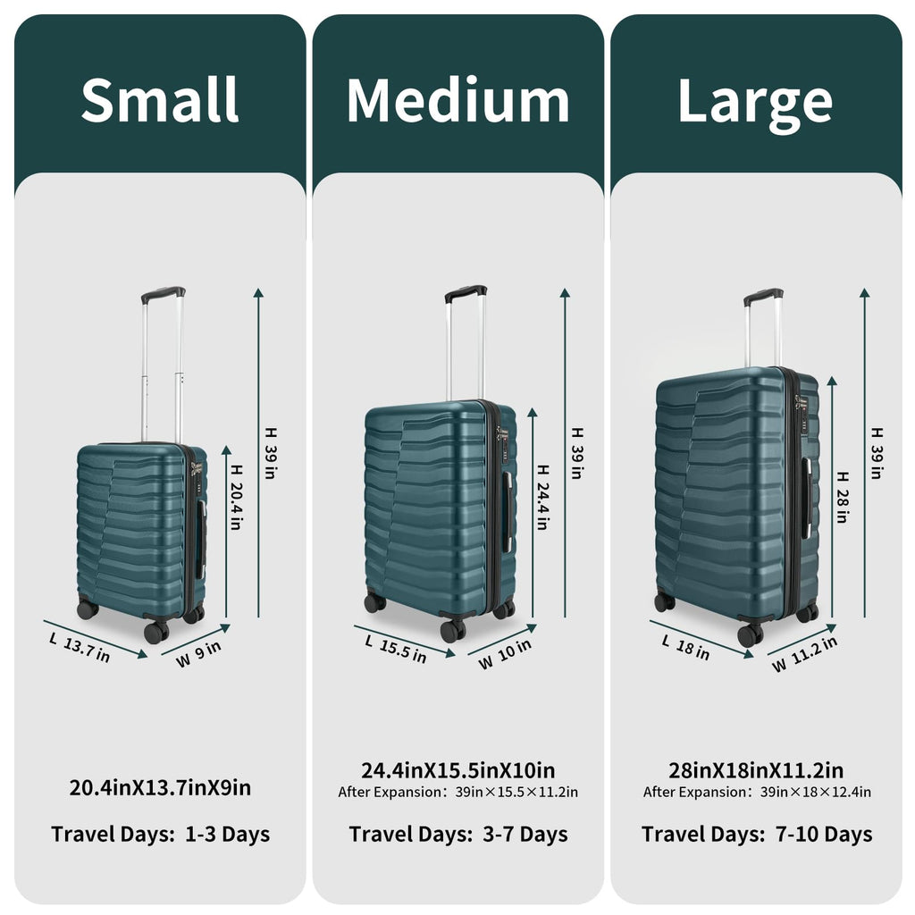 WireHot 3-Piece Hardshell Carry On Luggage Set with TSA Lock, Teal Blue, 20"/24"/28" Travel Suitcases