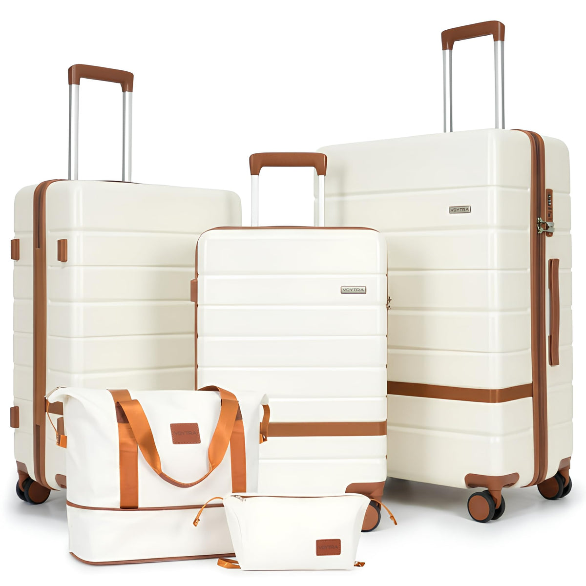 Voytra 5-Piece Luggage Set PC+ABS Hard Shell 20/24/28 Inch with 8 Spinner Wheels TSA Lock YKK Zippers – Beige