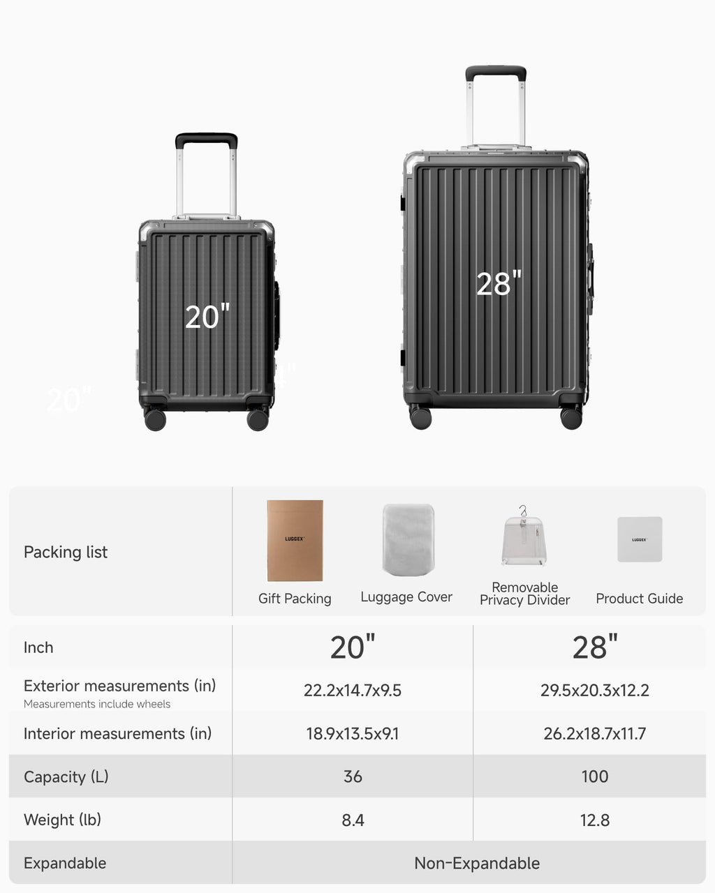 LUGGEX 2-Piece Zipperless Hardside Luggage Set 20/28 Inch Charcoal Metallic Spinner Suitcase Carry On