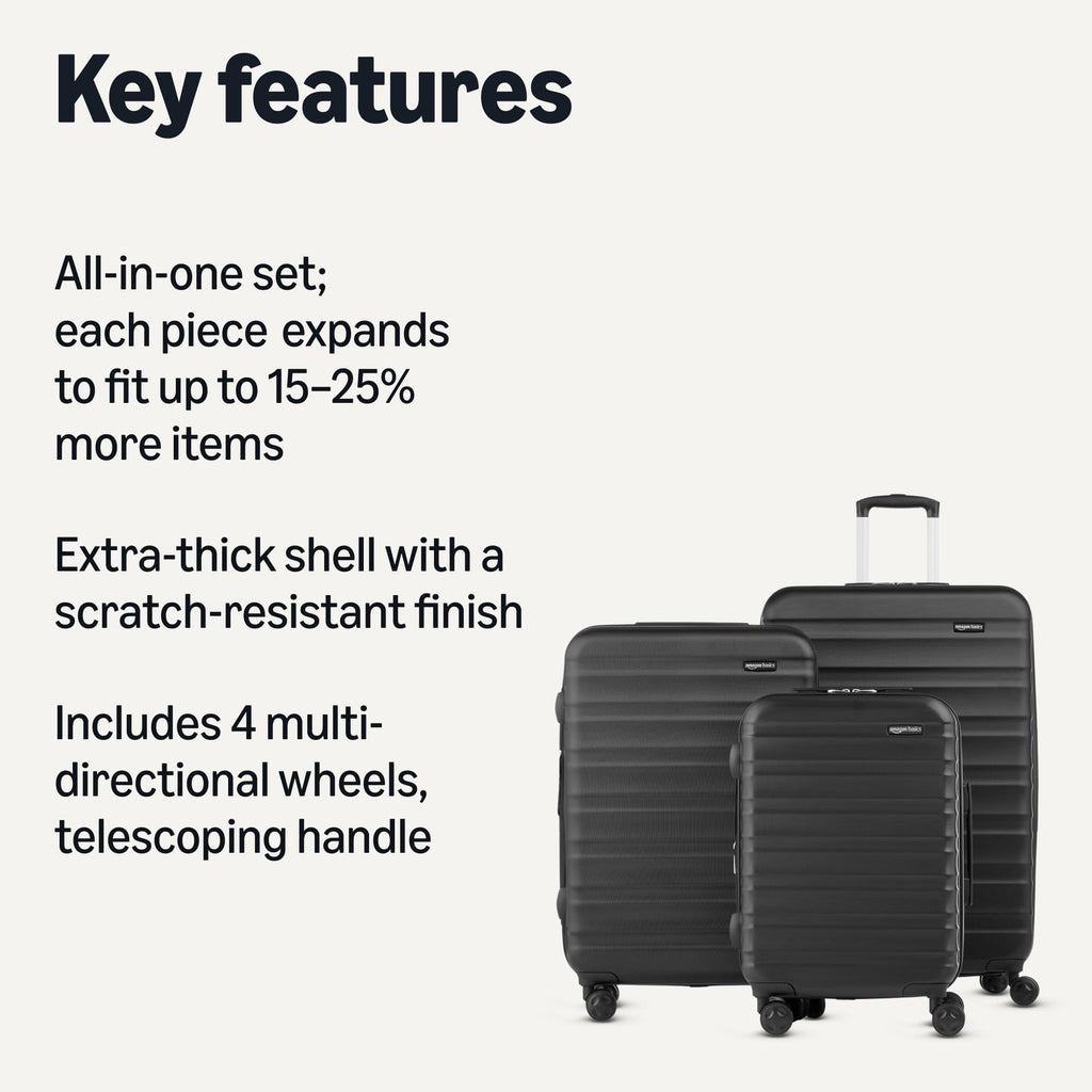 Amazon Basics 3-Piece Hardshell Luggage Set 21" 26" 30" Expandable Suitcases Multi-Directional Spinner Wheels TSA Travel