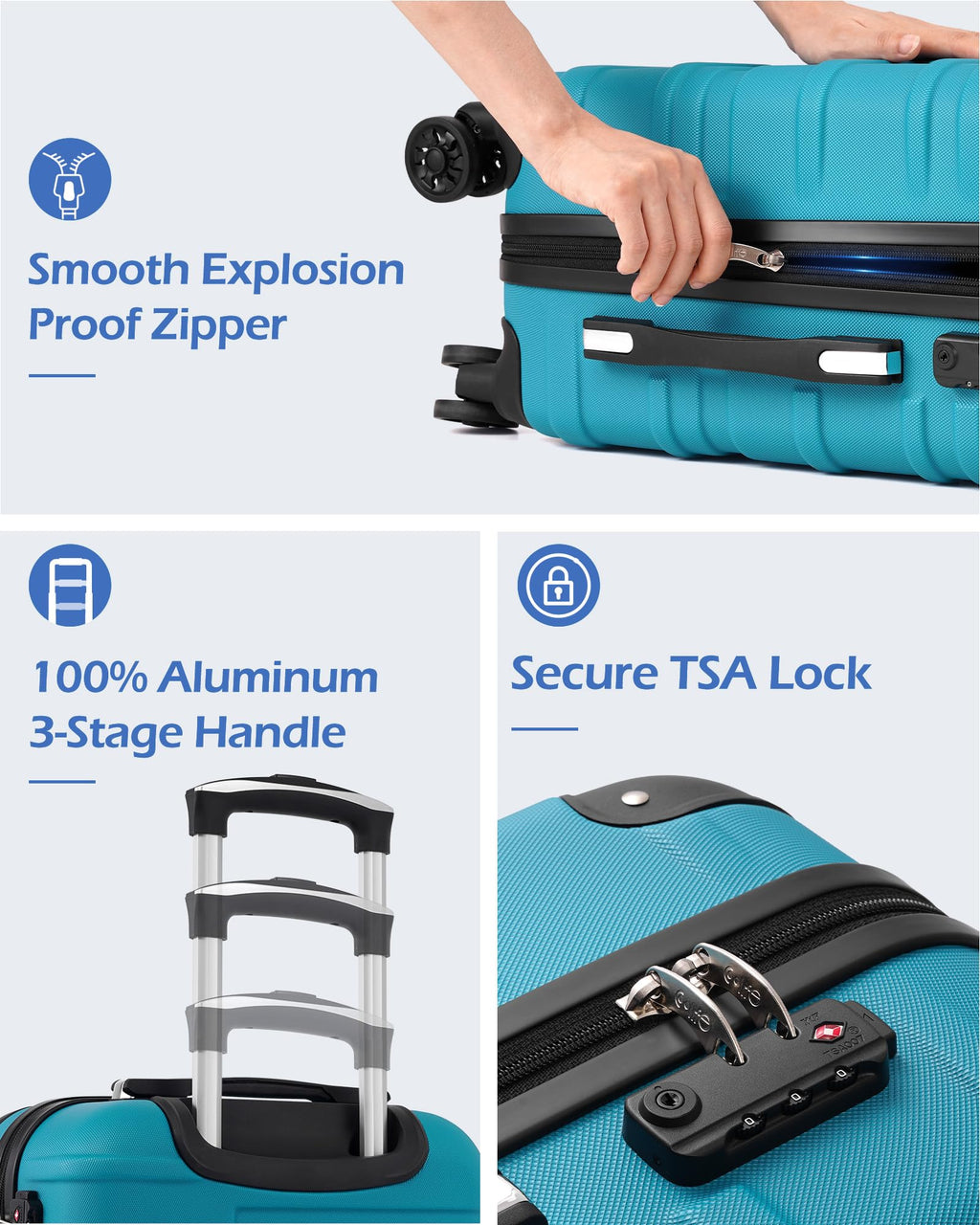 Coolife 3-Piece Hardside ABS Luggage Set TSA Lock Spinner Wheels 22" 26" 30" Expandable Travel Suitcases Lake Blue