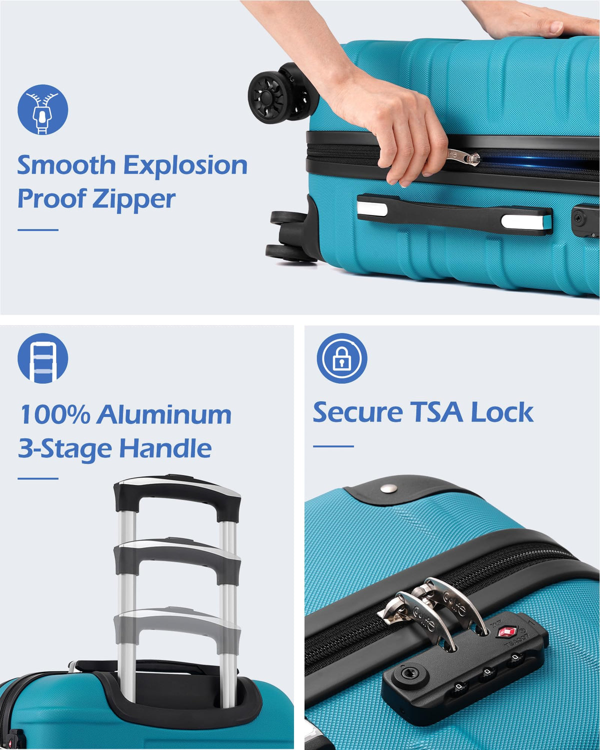 Coolife 3-Piece Hardside ABS Luggage Set TSA Lock Spinner Wheels 22" 26" 30" Expandable Travel Suitcases Lake Blue