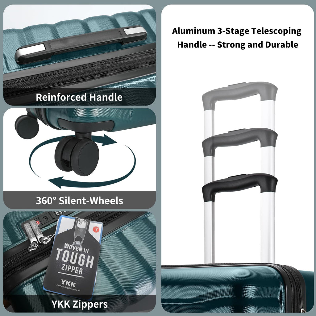 WireHot 3-Piece Hardshell Carry On Luggage Set with TSA Lock, Teal Blue, 20"/24"/28" Travel Suitcases