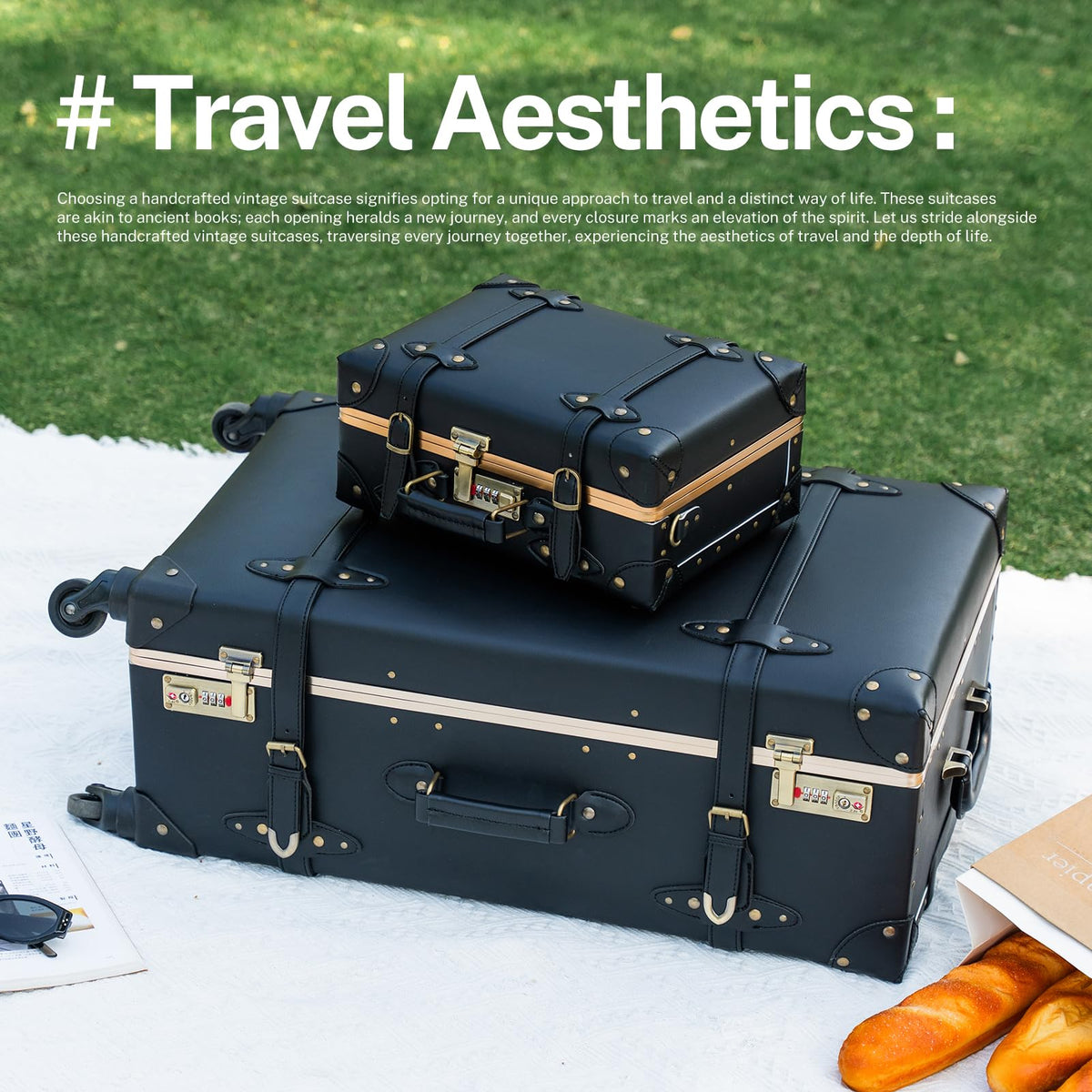 Urecity Vintage Trunk Luggage Set 2-Piece Hard Shell Carry On with Cosmetic Case – Black 20"+12" Spinner Wheels