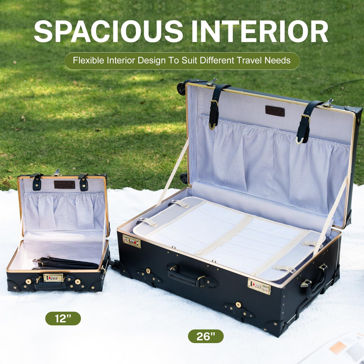 Urecity Vintage Trunk Luggage Set 2-Piece Hard Shell Carry On with Cosmetic Case – Black 20"+12" Spinner Wheels