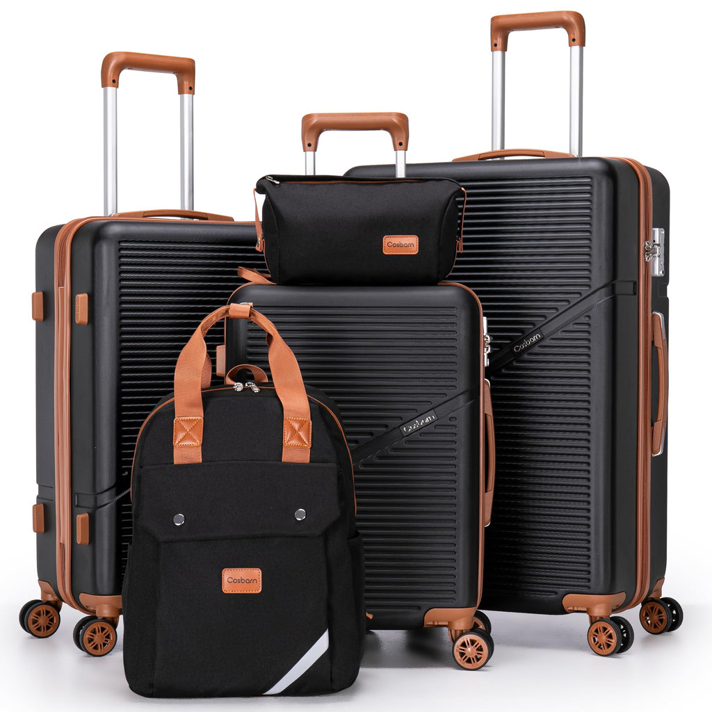 Cosbarn 5 Piece Lightweight Hardshell Luggage Set - 28/24/20" Suitcases with TSA Lock, Backpack & Toiletry Bag, Black